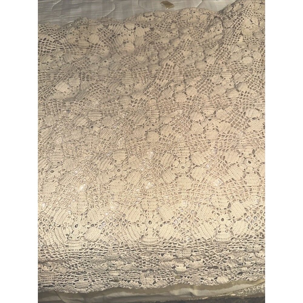 Crochet Tablecloth Bedspread Linens Beige Worn Approx. Rectangular 51x70" READ